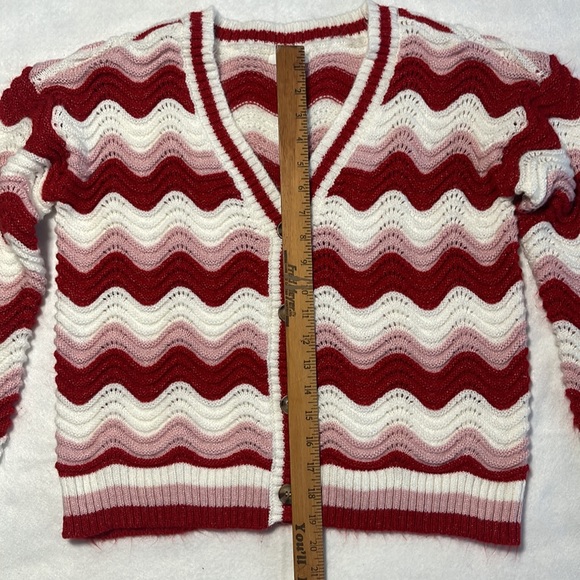 Maurices M Cardigan Sweater Pink Red White Chevron Afghan Granny Stripe Soft - Picture 8 of 10